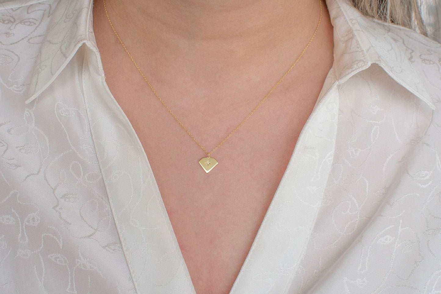 14K Diamond Necklace Solid Gold Tiny Pendant Minimalist Everyday Real Christmas Gift for Her