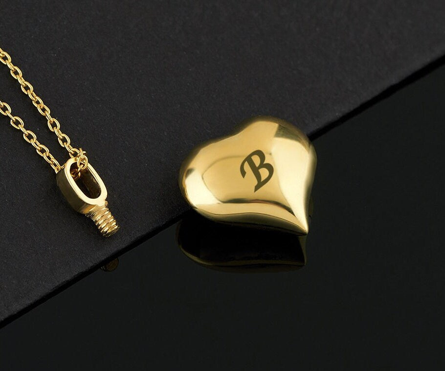 Gold cremation heart pendant with letter B for 14K Gold Cremation Necklace