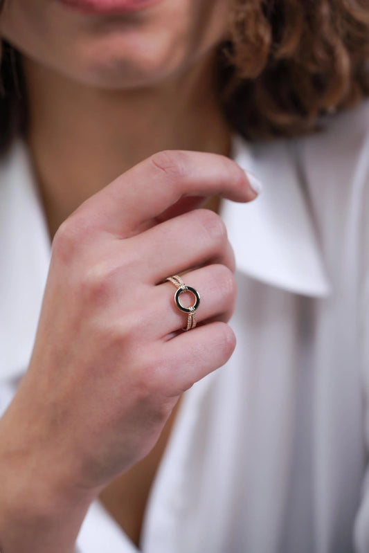 14K Gold Diamond Ring Minimalist Enamel Cut Out Circle Design Dainty Open Christmas Gift for Her