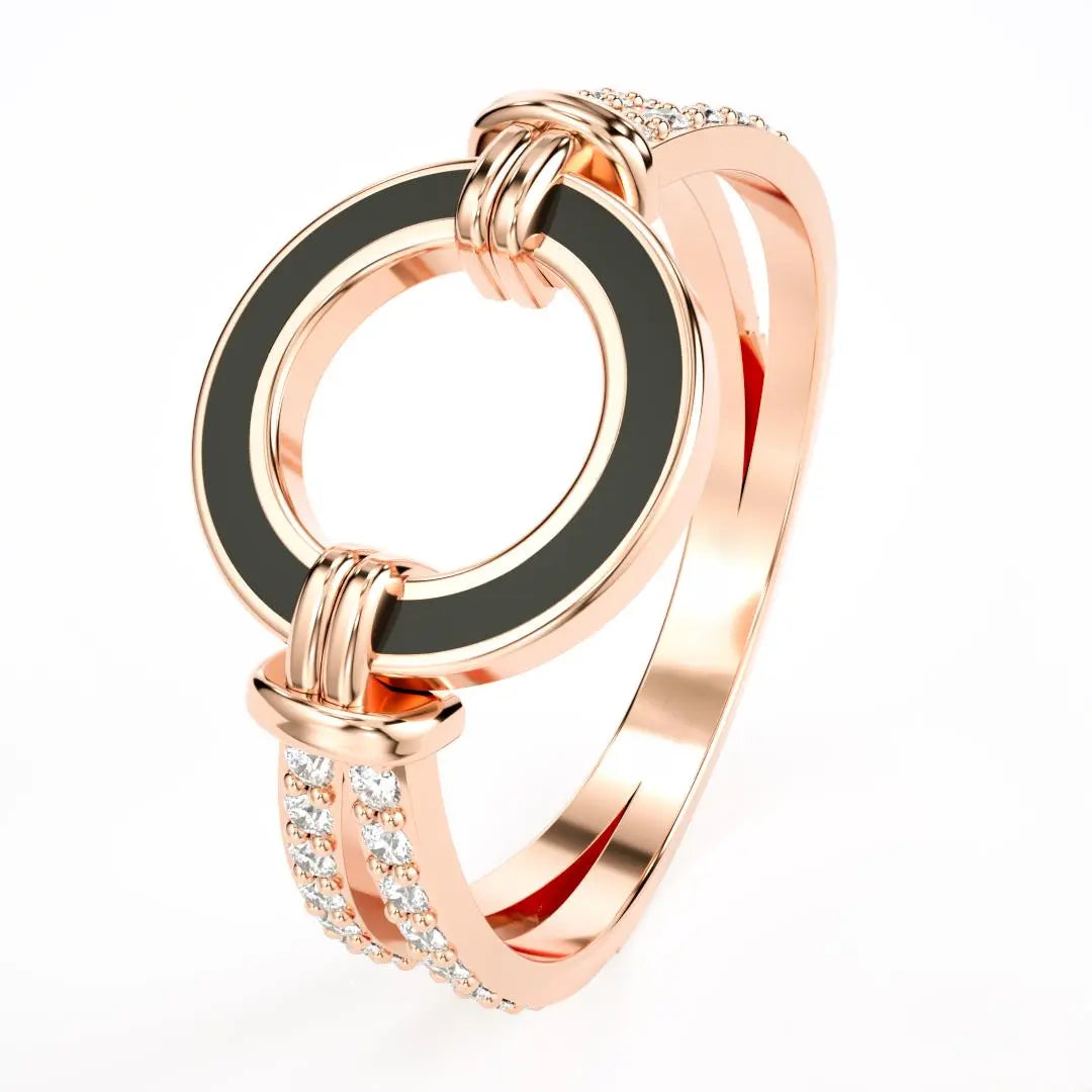 14K Gold Diamond Ring Minimalist Enamel Cut Out Circle Design Dainty Open Christmas Gift for Her