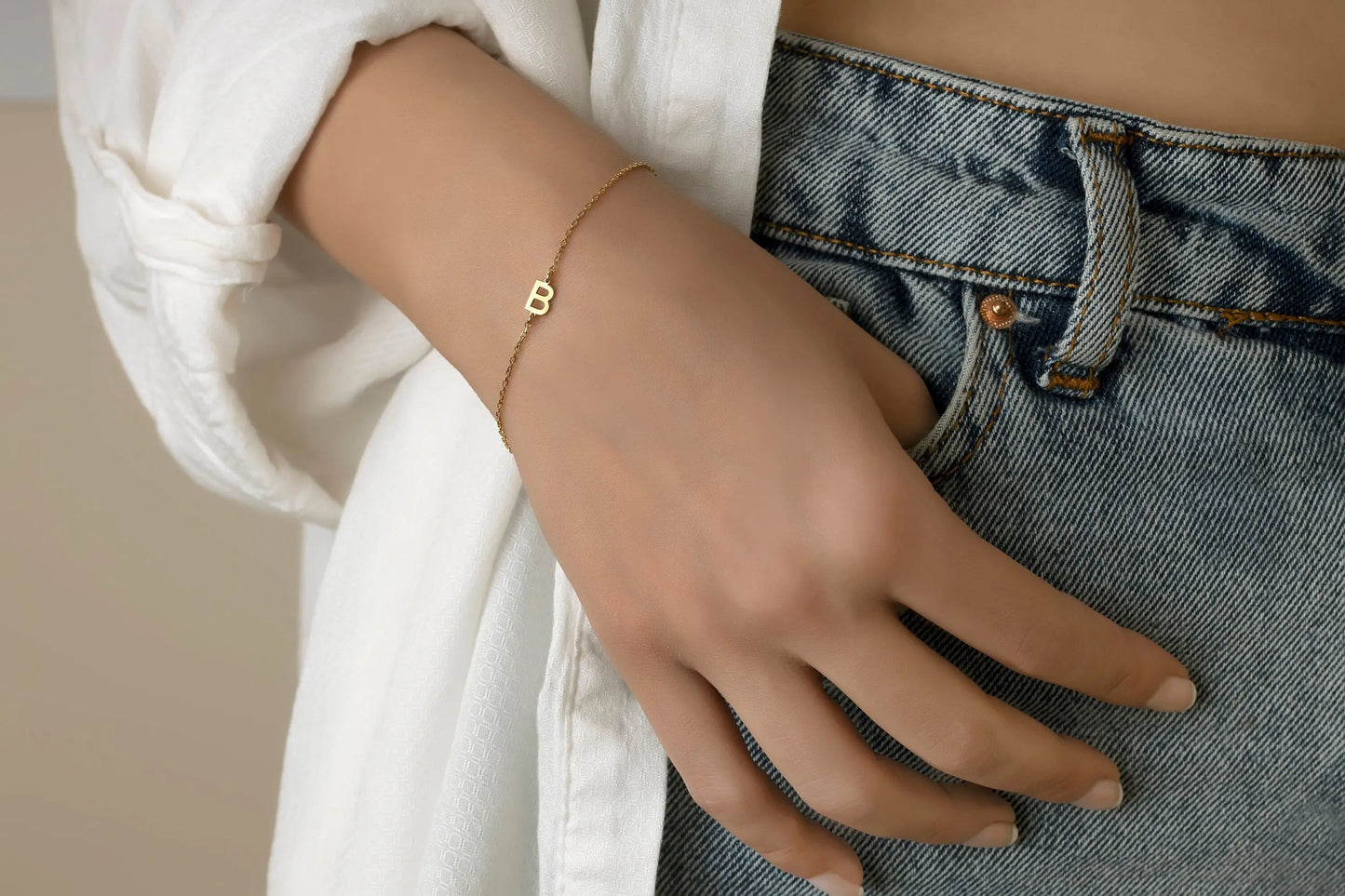 Delicate 14K Solid Gold Chain Bracelet with Peace Symbol Charm for Handmade Jewelry