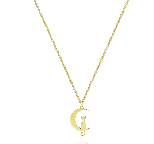 Gold-colored 14K Solid Gold Moon Necklace with Cat Pendant for Cat Lovers