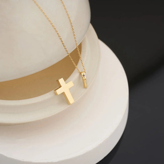Angled View of Gold Cremation Necklace Cross Pendant