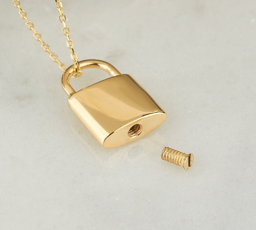 Gold Padlock Urn Necklace for Ashes Personalized 14K Lock Mom & Dad Loss Memorial Pet