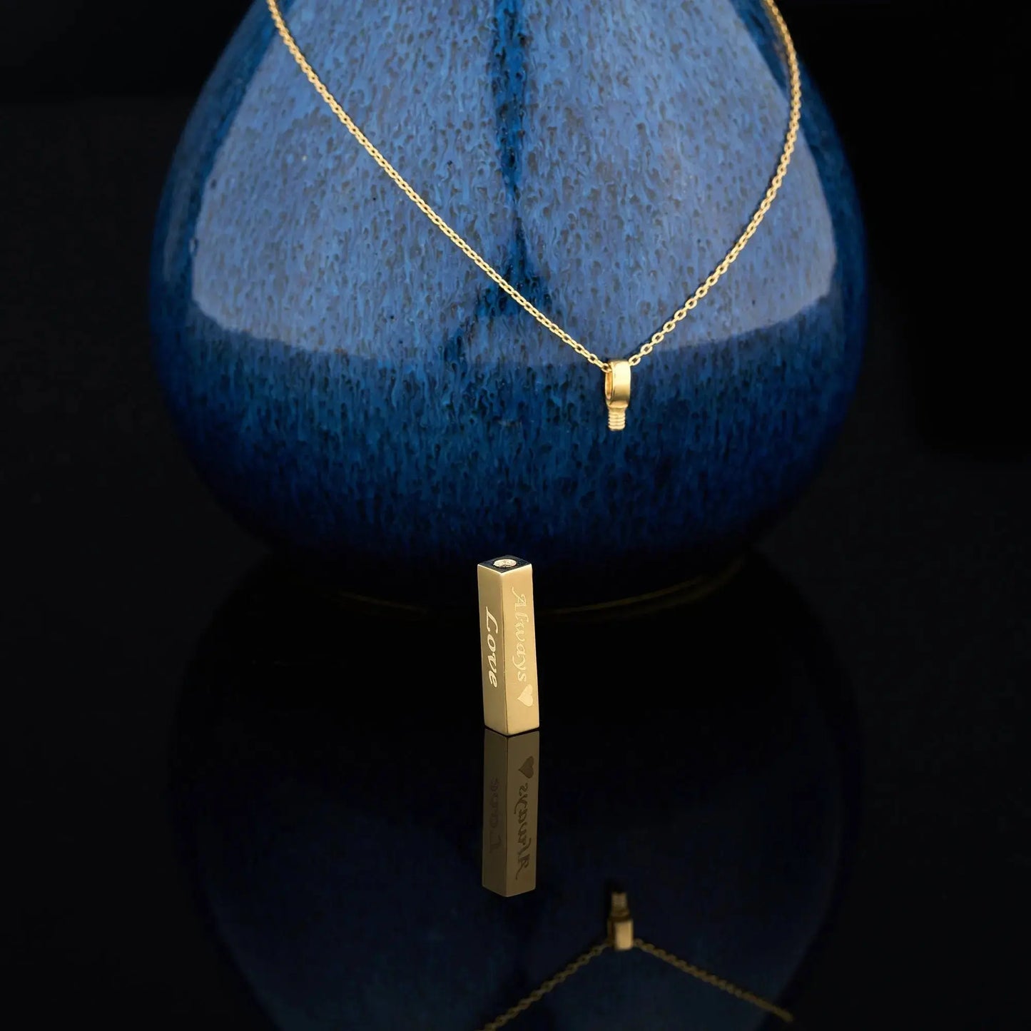 Solid gold rectangular pendant on a delicate chain for a cremation urn necklace