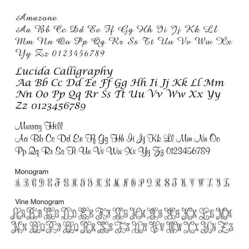 Font sample sheet showcasing calligraphic styles for personalized heart necklace designs
