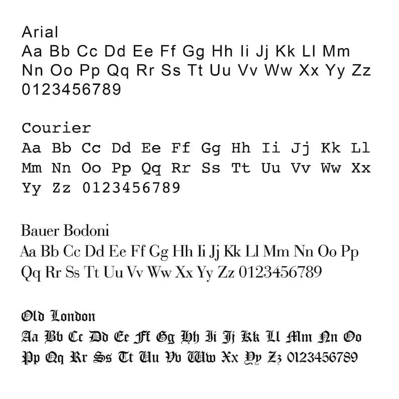 Font sample sheet showcasing Arial, Courier, Bauer Bodoni for 14K Solid Gold Star Necklace