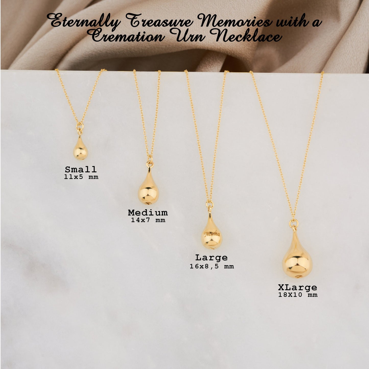 Gold cremation urn pendant necklaces with delicate chains for a personalized tear drop design