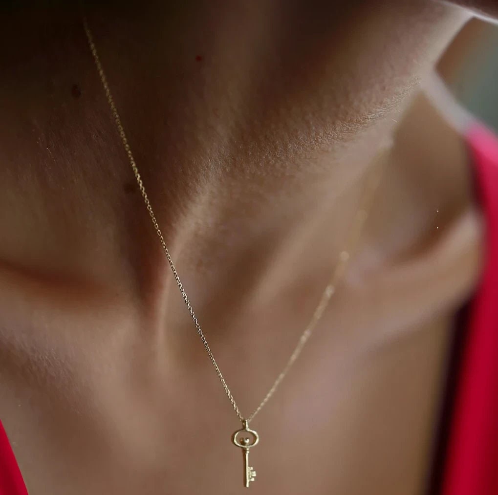 Key Necklace 14K Solid Gold | Dainty Pendant | Wedding Jewelry for Bridesmaids | Charm | Handmade
