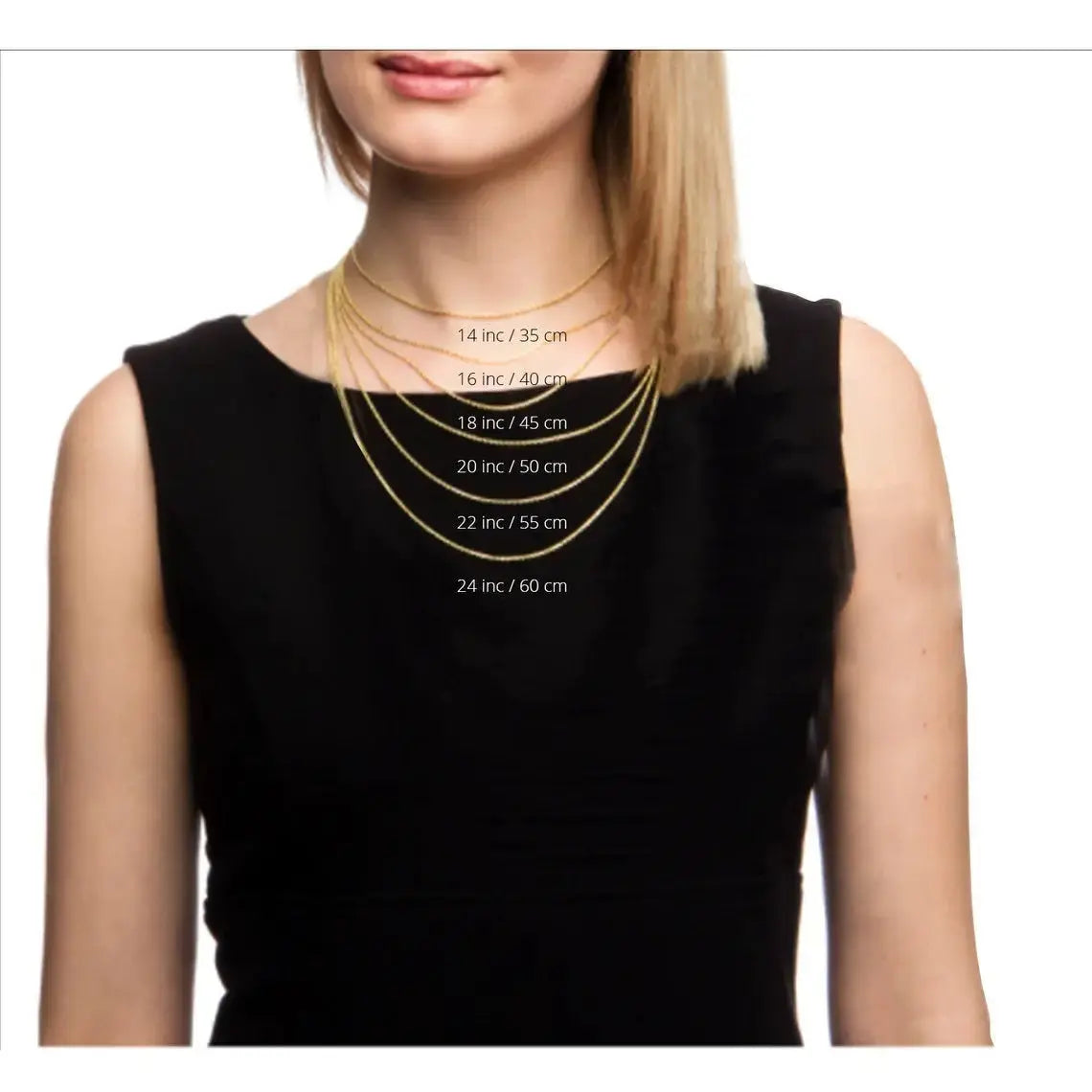 Layered gold necklace with measurements featuring a gold key pendant in 14K solid gold