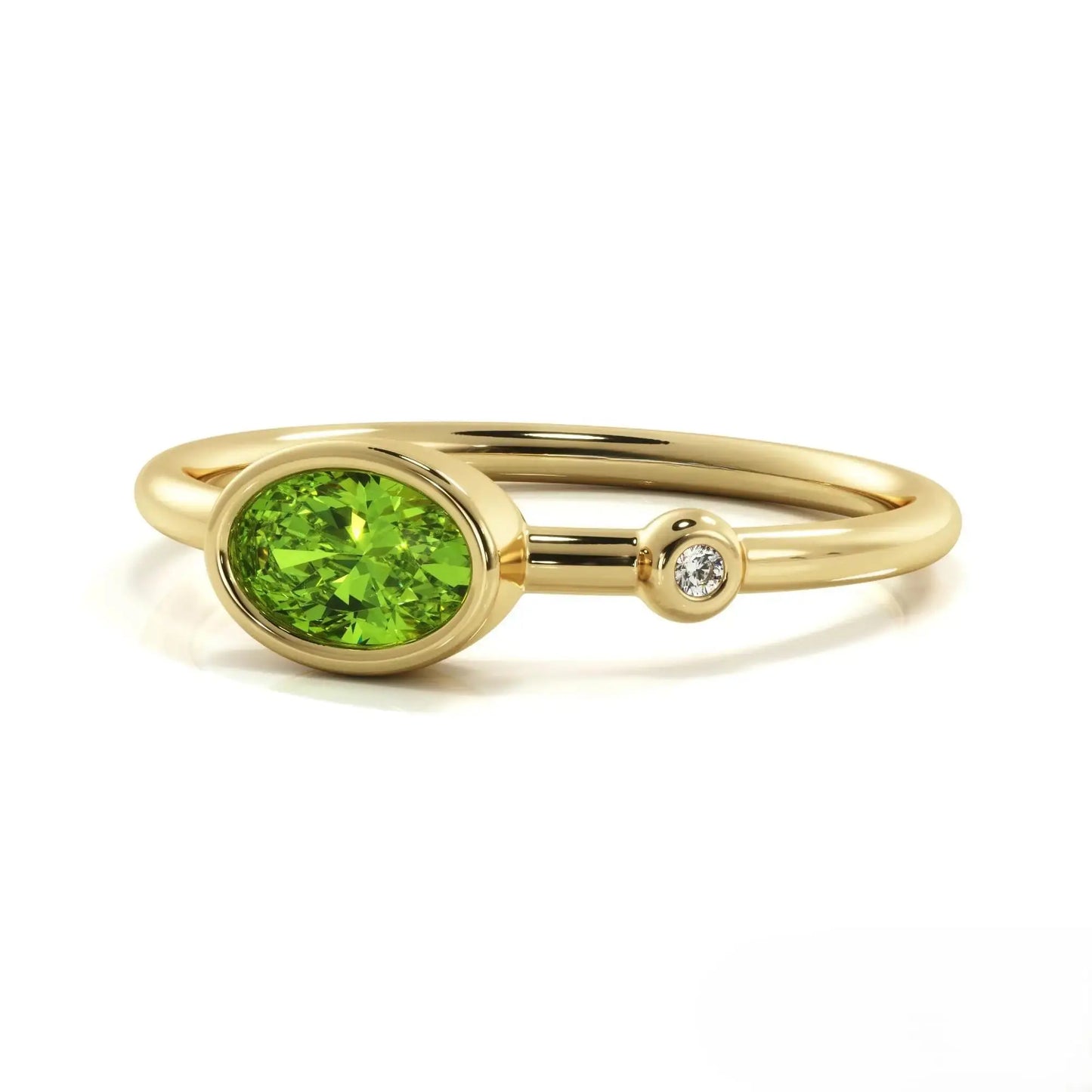 Gold ring with oval peridot stone and diamond accent, a Natural August Birthstone Peridot Ring