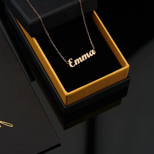 Rose gold Emma name necklace on a delicate chain in 14K solid gold custom design