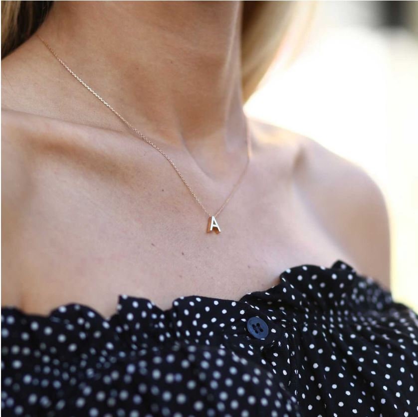 Delicate 14K Solid Gold necklace featuring a small letter A pendant