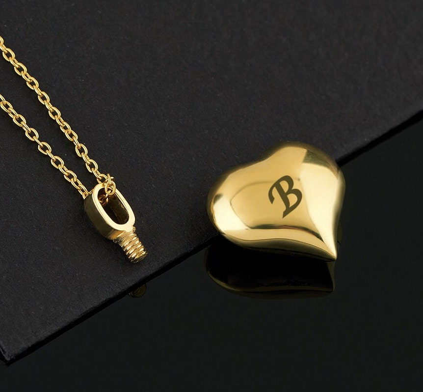 Gold heart-shaped pendant engraved with B, ideal for Dad Mom memorial necklace