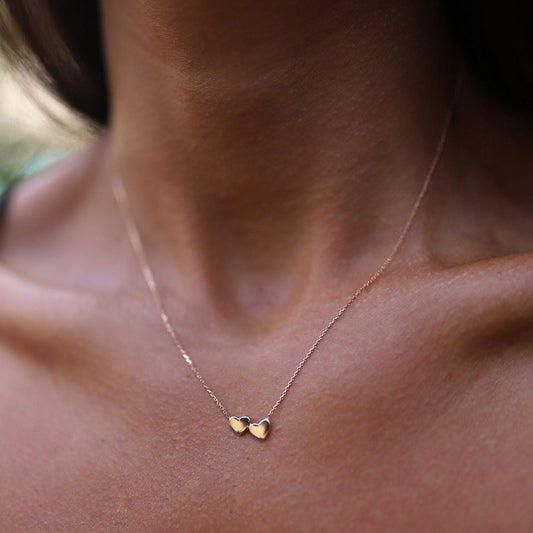 14K Double Heart Necklace | Personalized Solid Gold | initial | Engraved | Handmade Jewelry