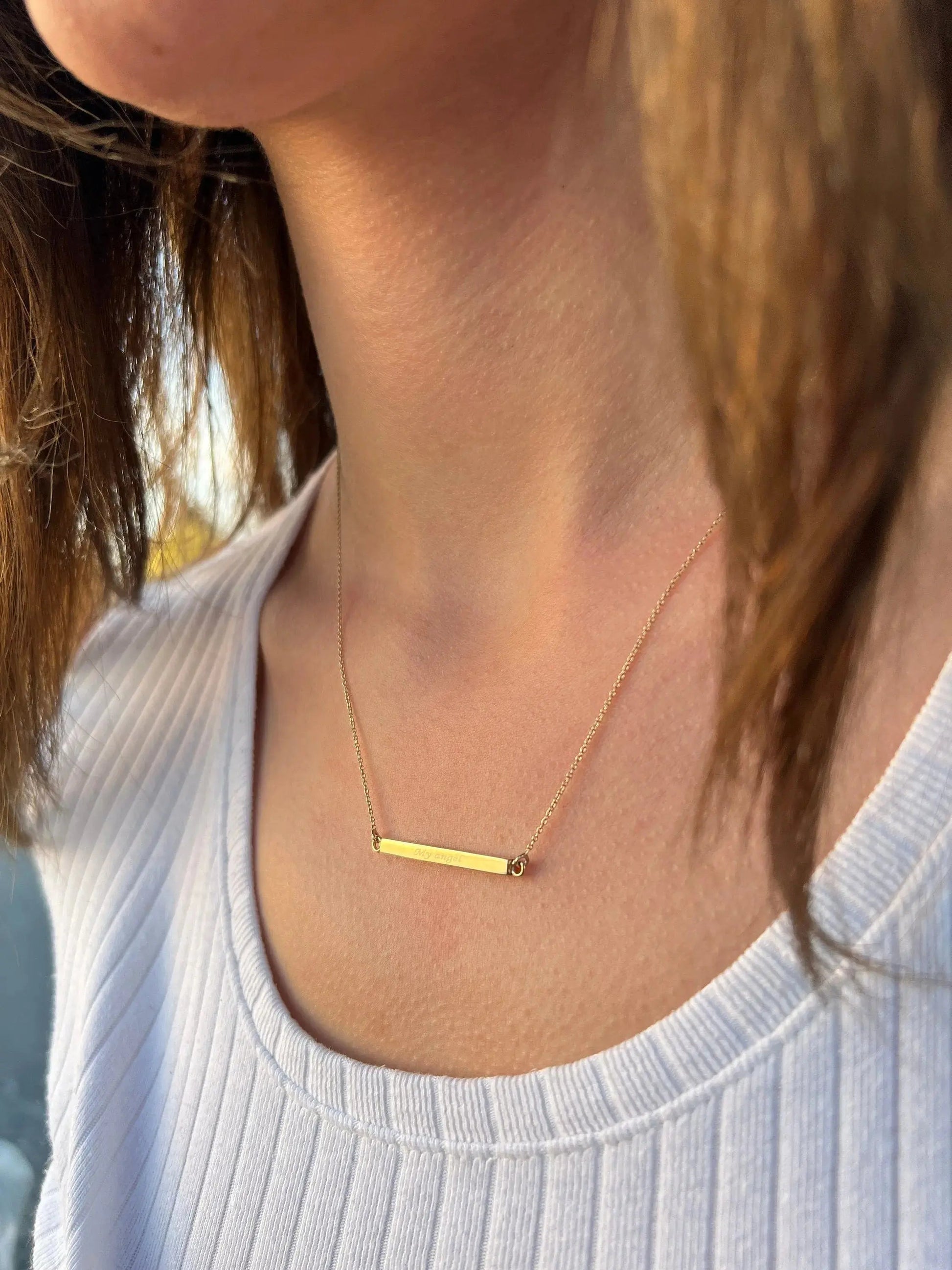 Delicate gold bar necklace on thin chain for personalization cremation urn jewelry
