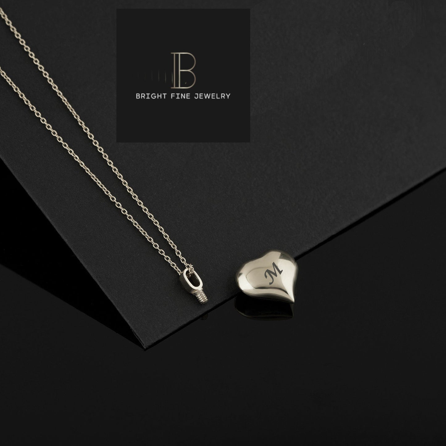 Silver heart pendant with engraved initial on a delicate chain for 14K Gold Cremation Heart