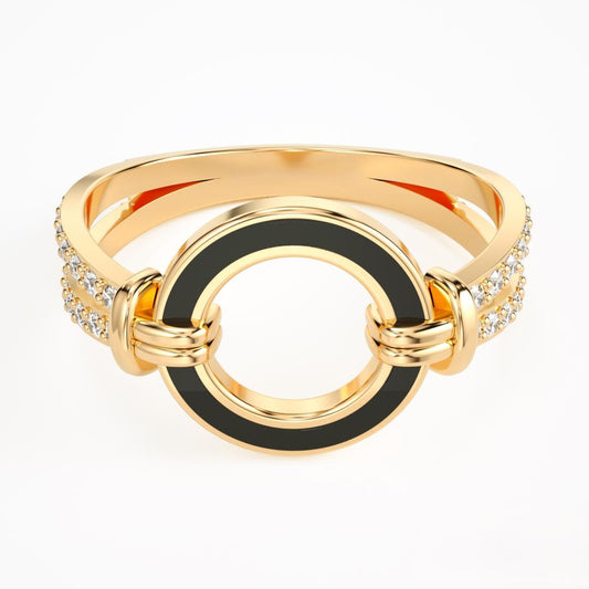 14K Gold Diamond Ring Minimalist Enamel Cut Out Circle Design Dainty Open Christmas Gift for Her
