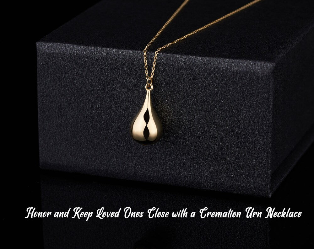 14K Gold Tear Drop Urn Necklace featuring a delicate chain and gold cremation urn pendant