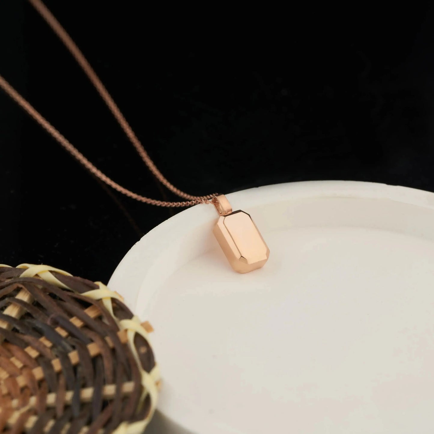 Rose gold hexagonal pendant on a delicate chain for a custom urn necklace in sterling silver