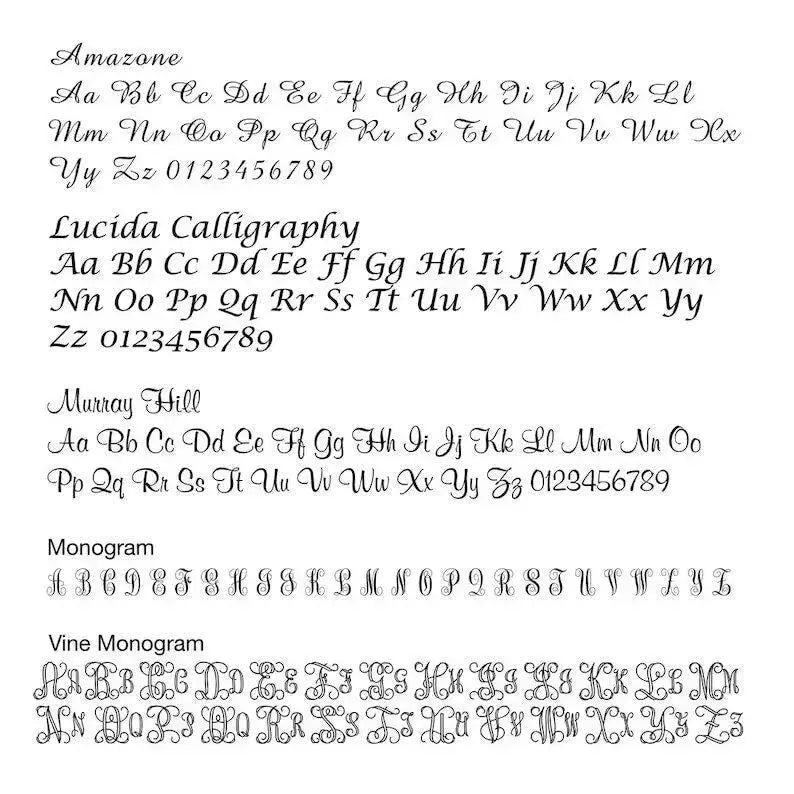 Font sample sheet showcasing calligraphic alphabets for custom engraved urn necklace designs
