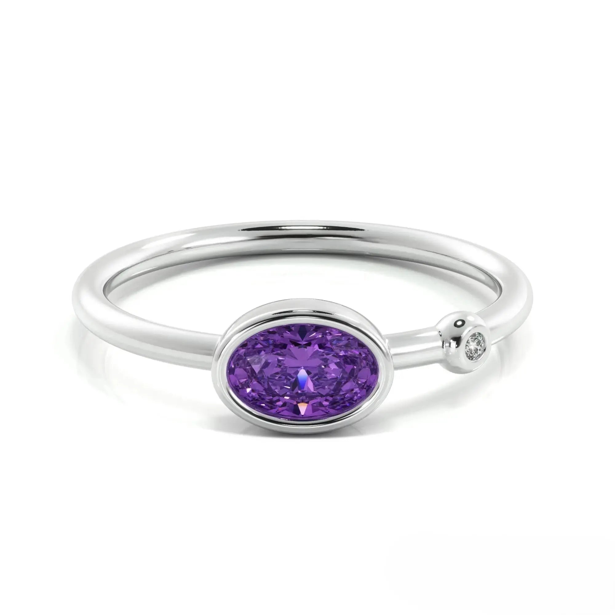 Silver ring with oval purple amethyst and diamond accent in Gold Amethyst design