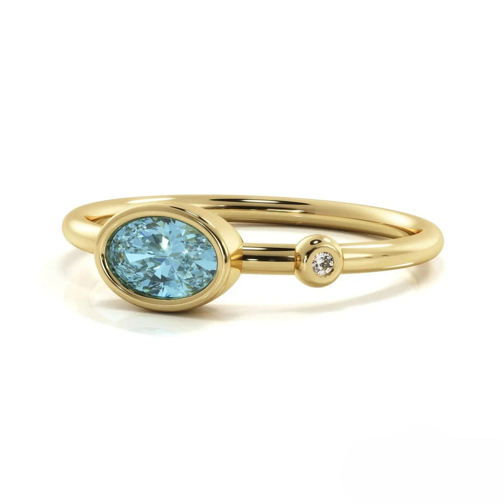 Delicate Gold Ring with Oval Aquamarine and Diamond Accent - London Blue Topaz Gemstone Ring