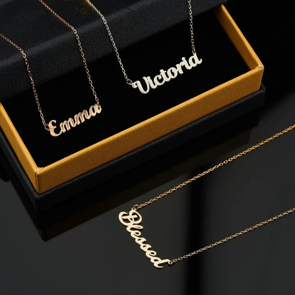 Personalized 14K Solid Gold Custom Name Necklace in Elegant Cursive Script Styles