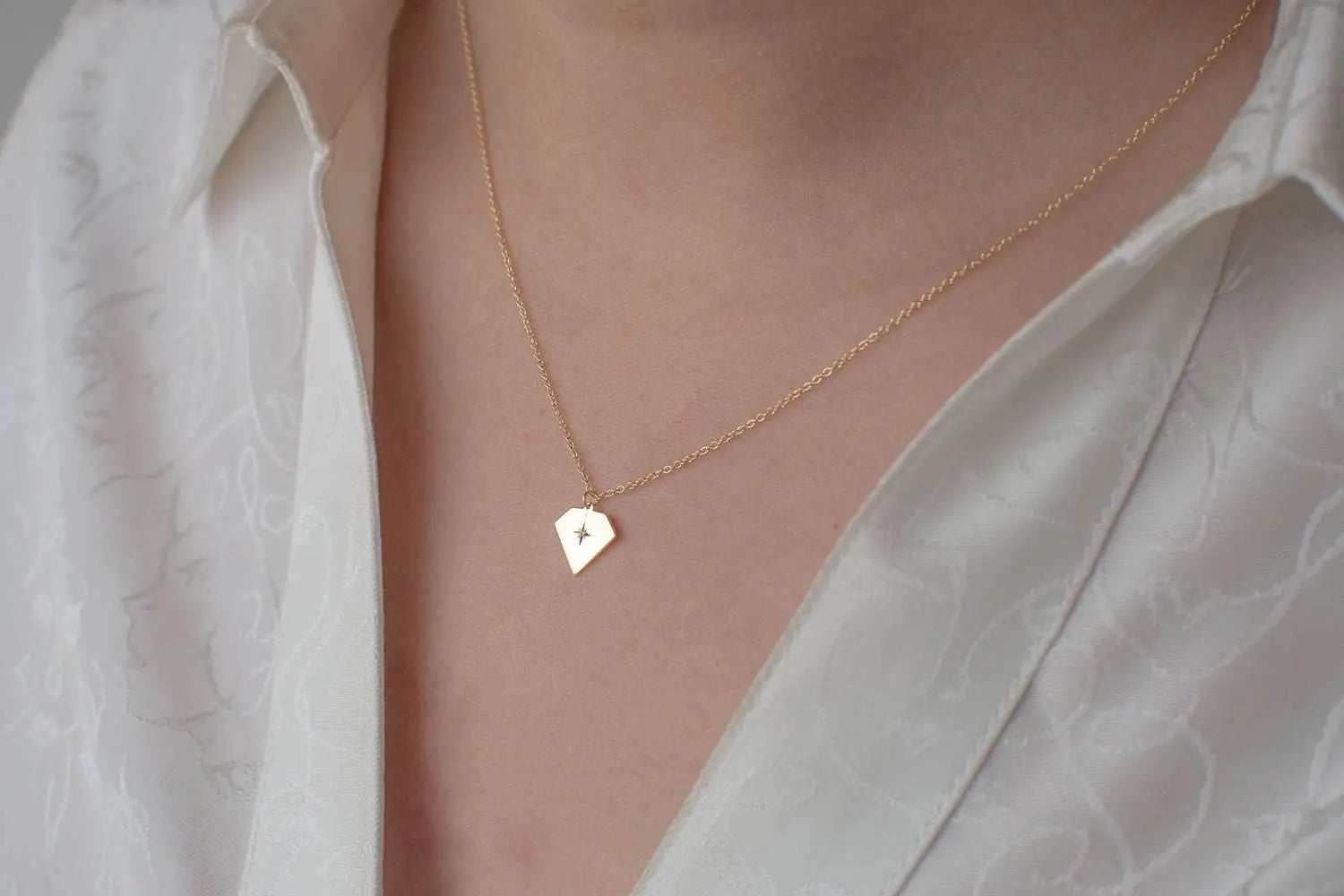 14K Diamond Necklace Solid Gold Tiny Pendant Minimalist Everyday Real Christmas Gift for Her