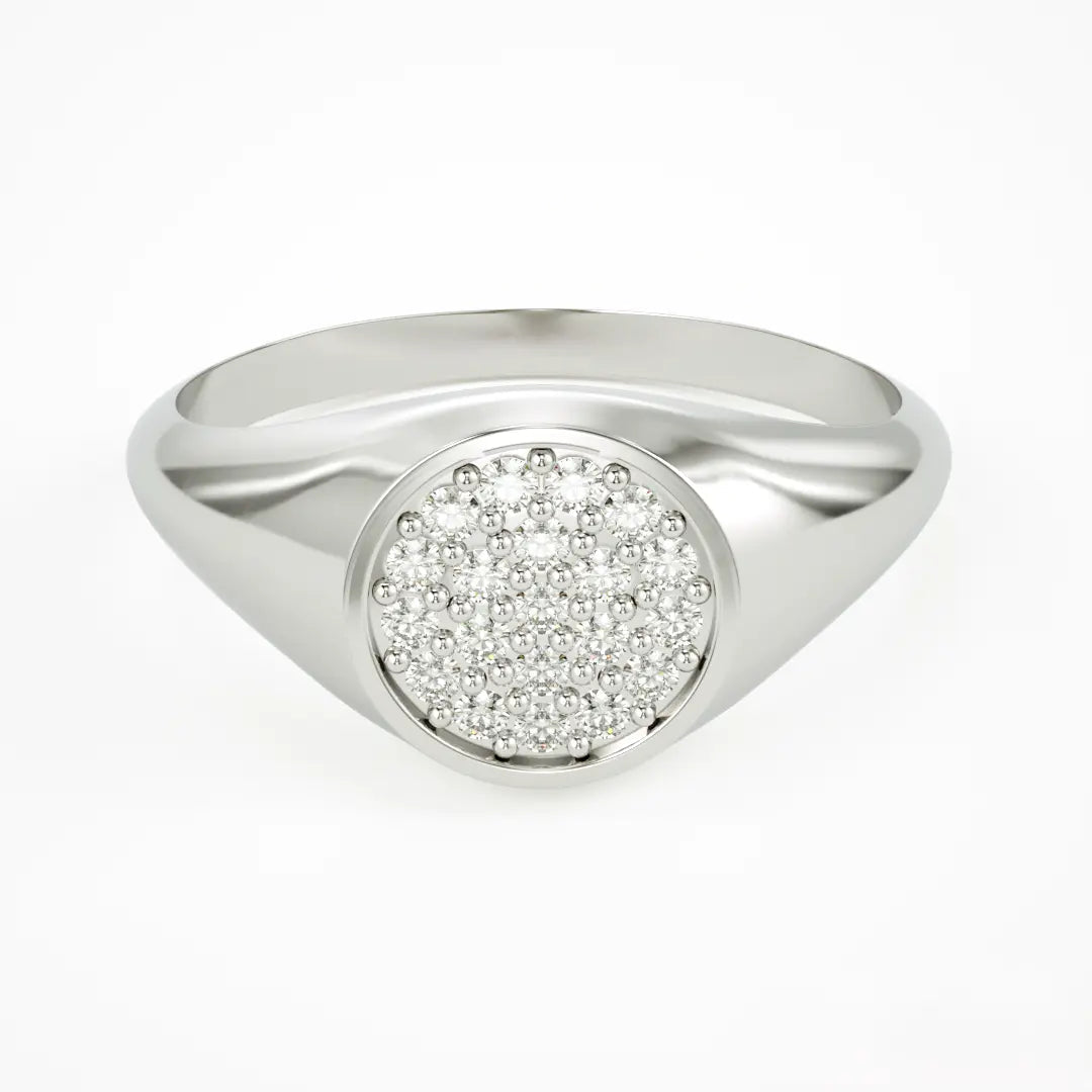 Silver signet ring with diamond cluster in 14k gold pavé setting for elegance