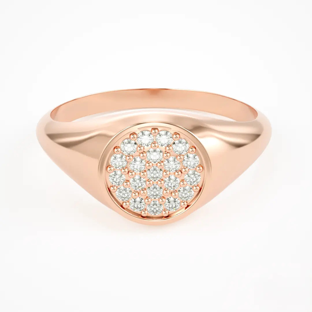 Rose gold signet ring in 14k gold with a diamond cluster in oval setting