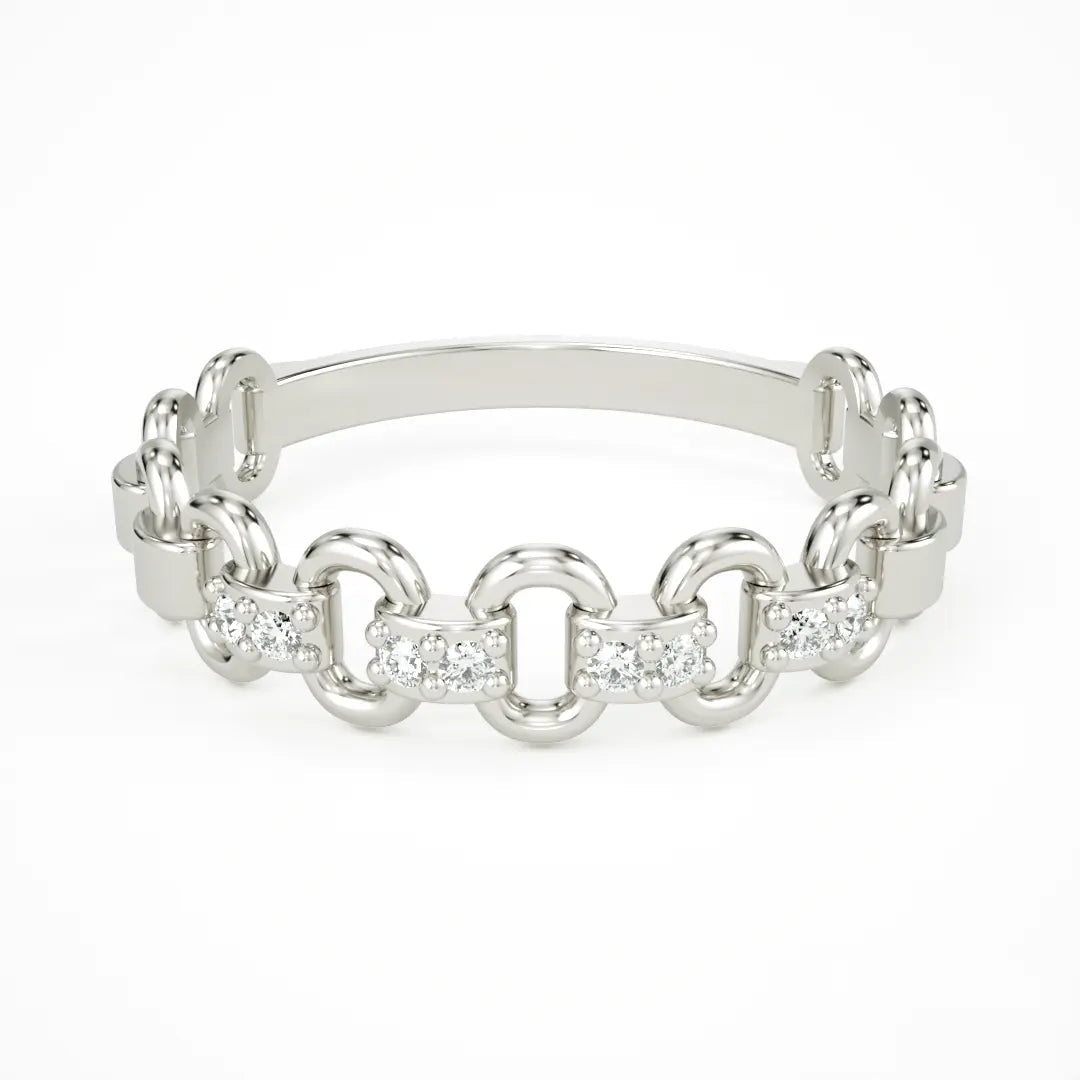 Silver chain-link ring with diamond accents on 14k Gold Twisted Rope Ring in Rose Gold