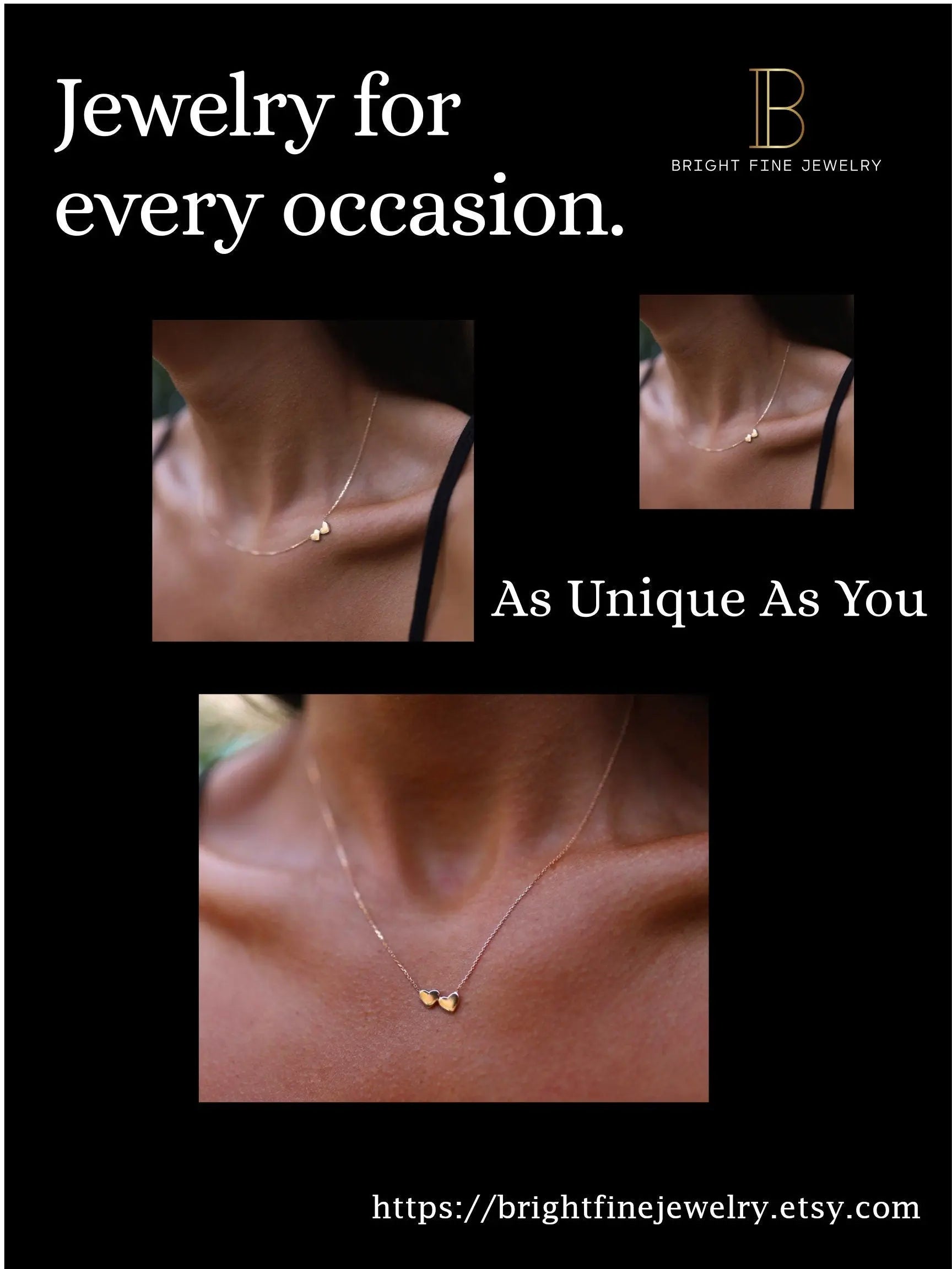 14K Double Heart Necklace | Personalized Solid Gold | initial | Engraved | Handmade Jewelry