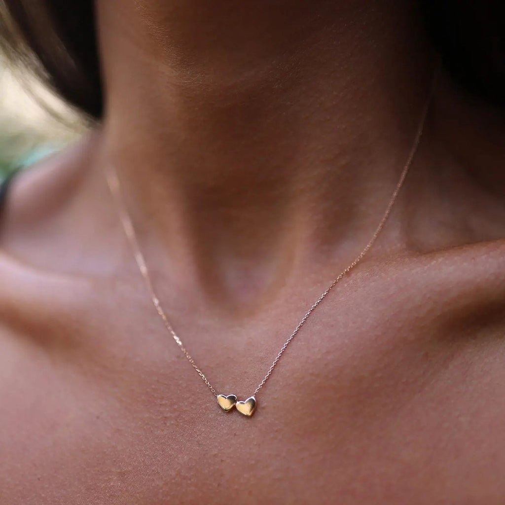 14K Double Heart Necklace | Personalized Solid Gold | initial | Engraved | Handmade Jewelry