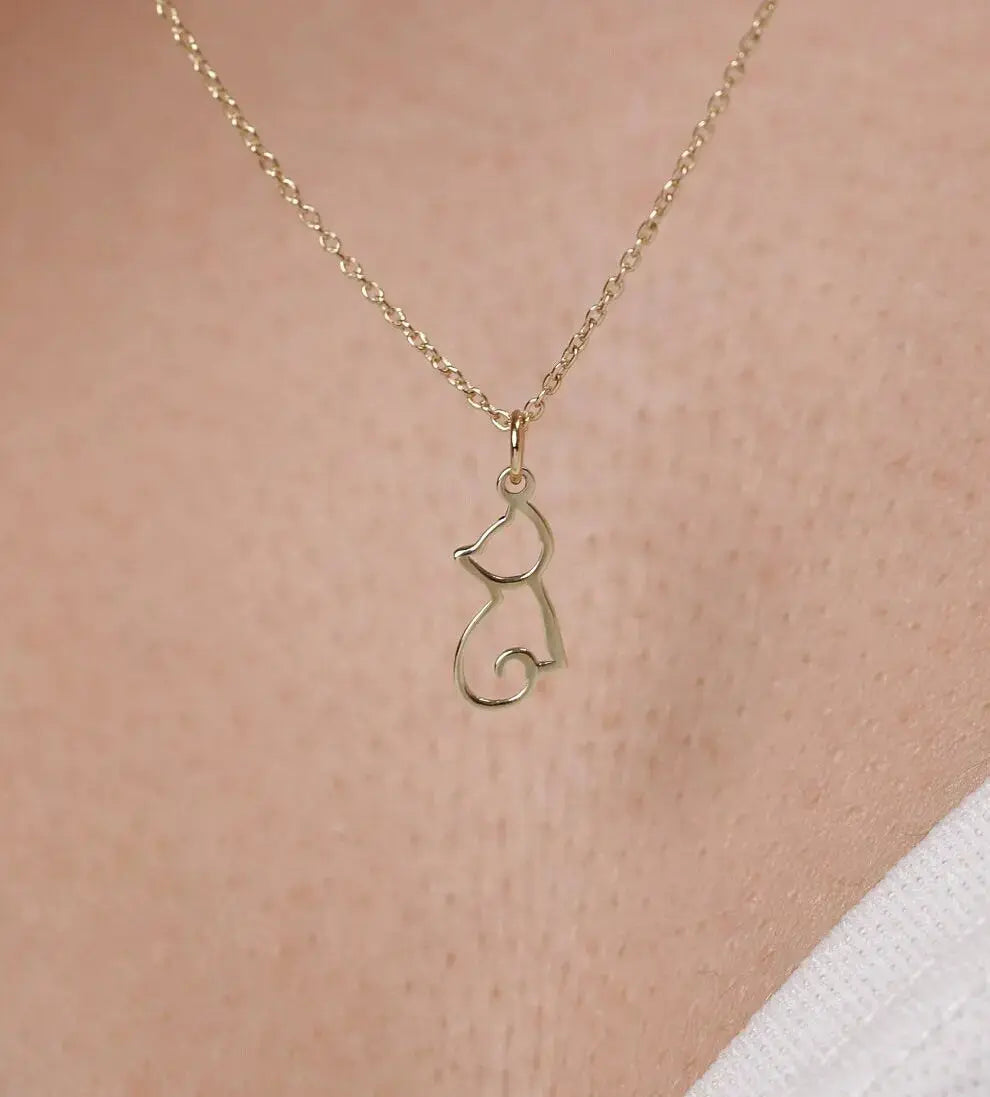 Delicate cat pendant 14k solid gold on a thin chain, perfect for cat lovers