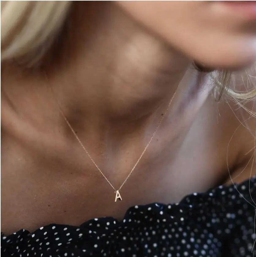 Delicate silver initial A pendant necklace on a thin chain for personalized 14K Solid Gold