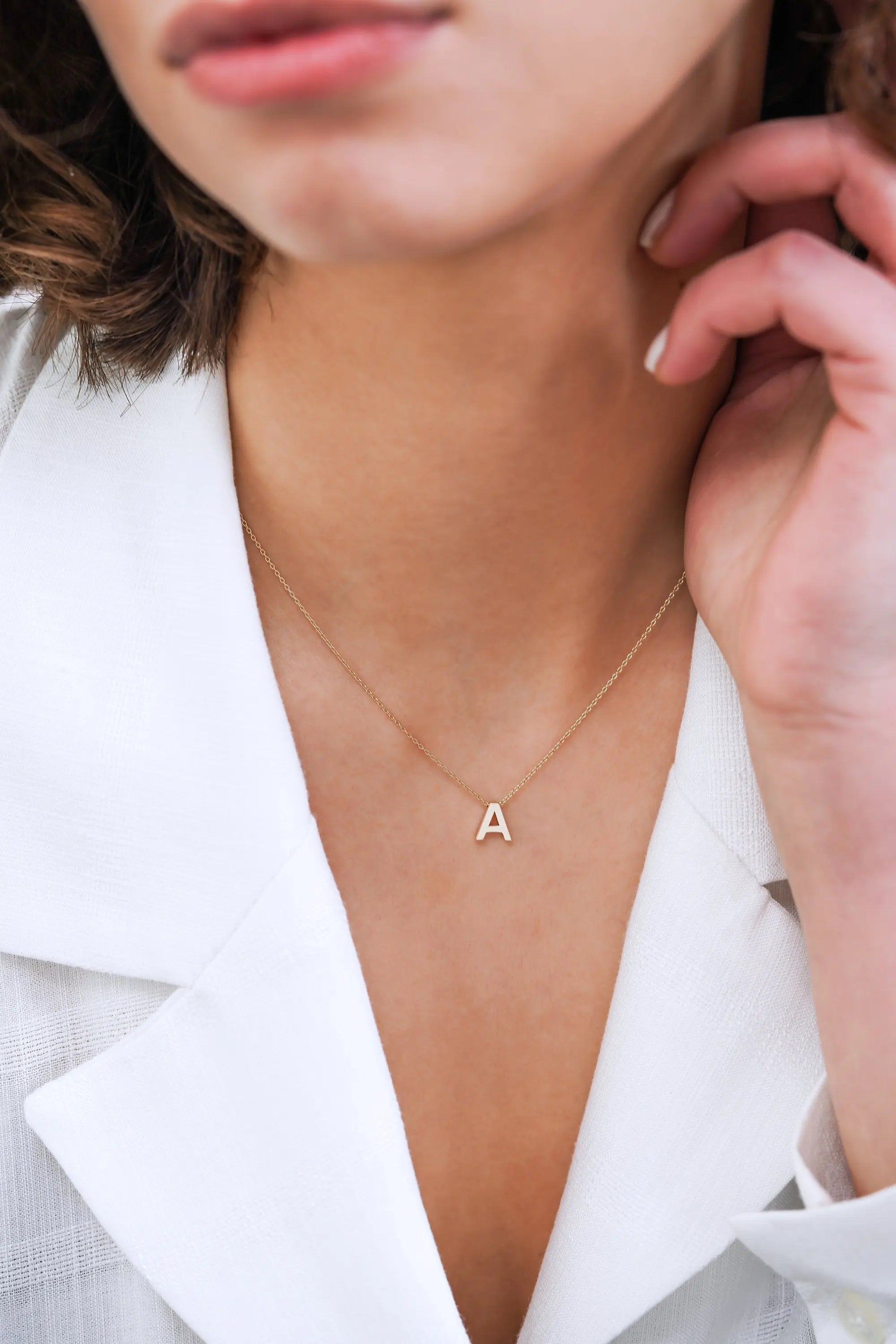 Delicate gold initial A necklace on thin chain in 14K solid gold design