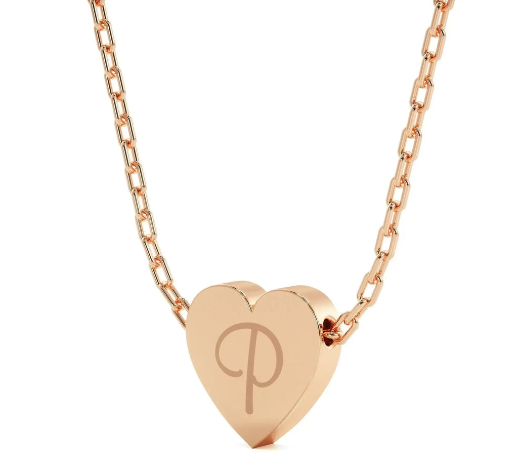 Rose gold heart pendant necklace with engraved P, ideal solid gold bridesmaid gift