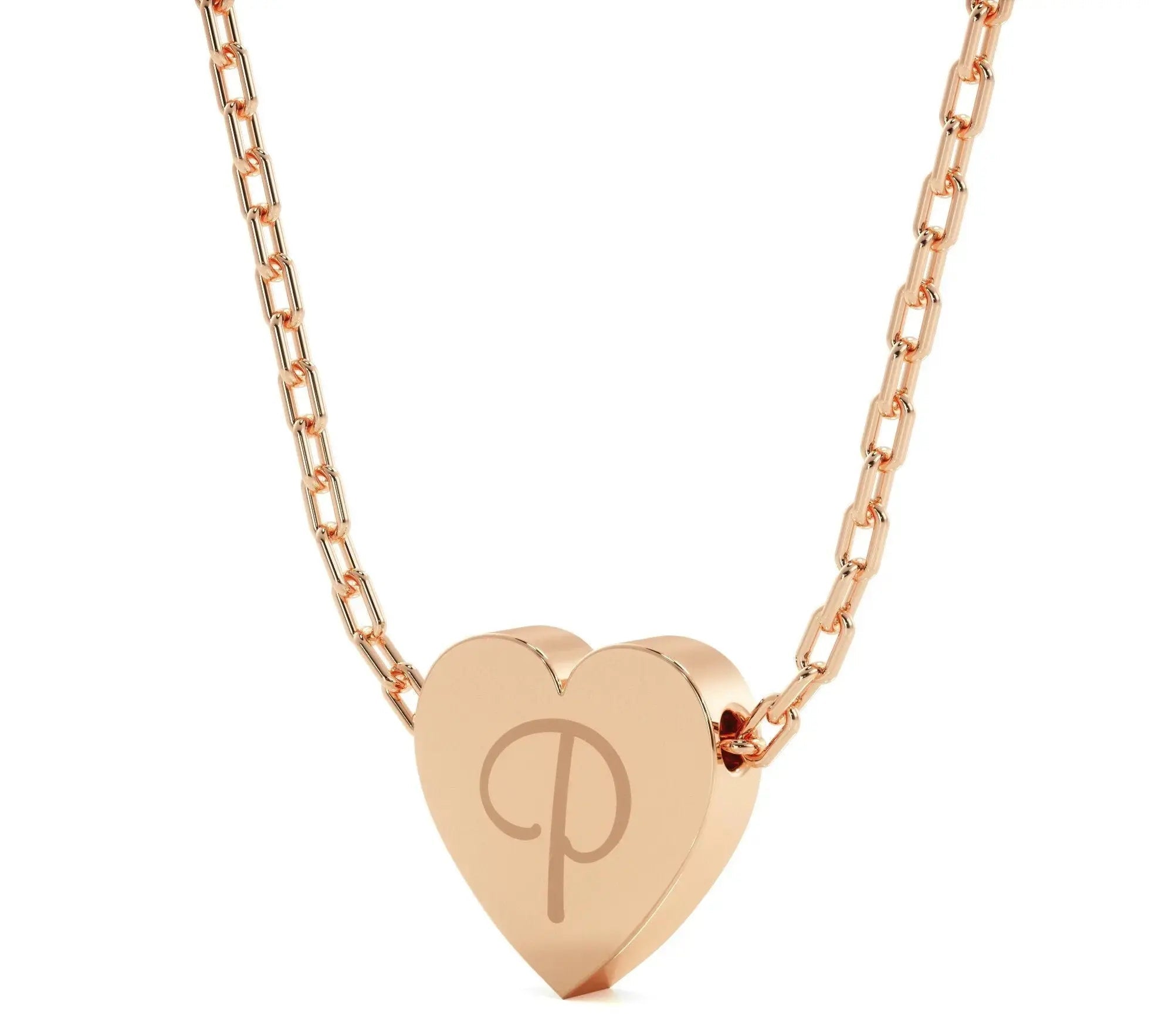 Rose gold heart pendant necklace with engraved P, ideal solid gold bridesmaid gift
