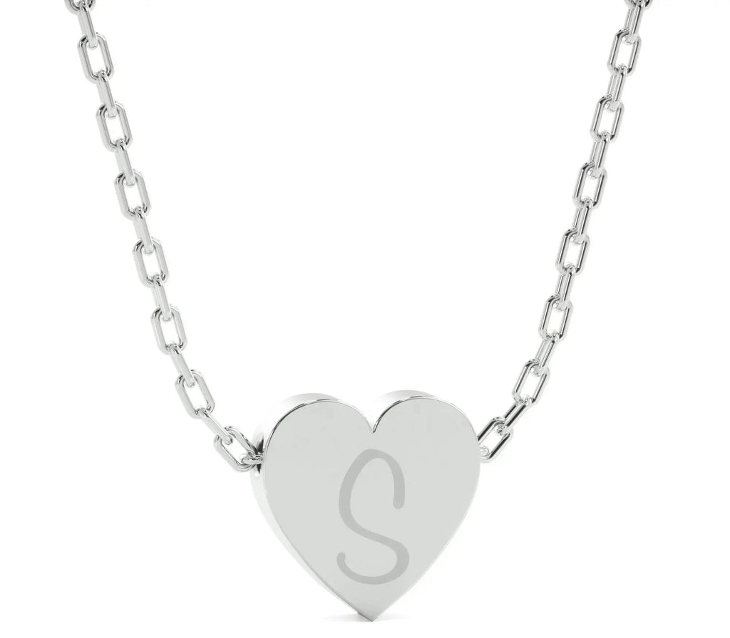 Silver heart pendant with engraved S on a solid gold chain, elegant heart necklace
