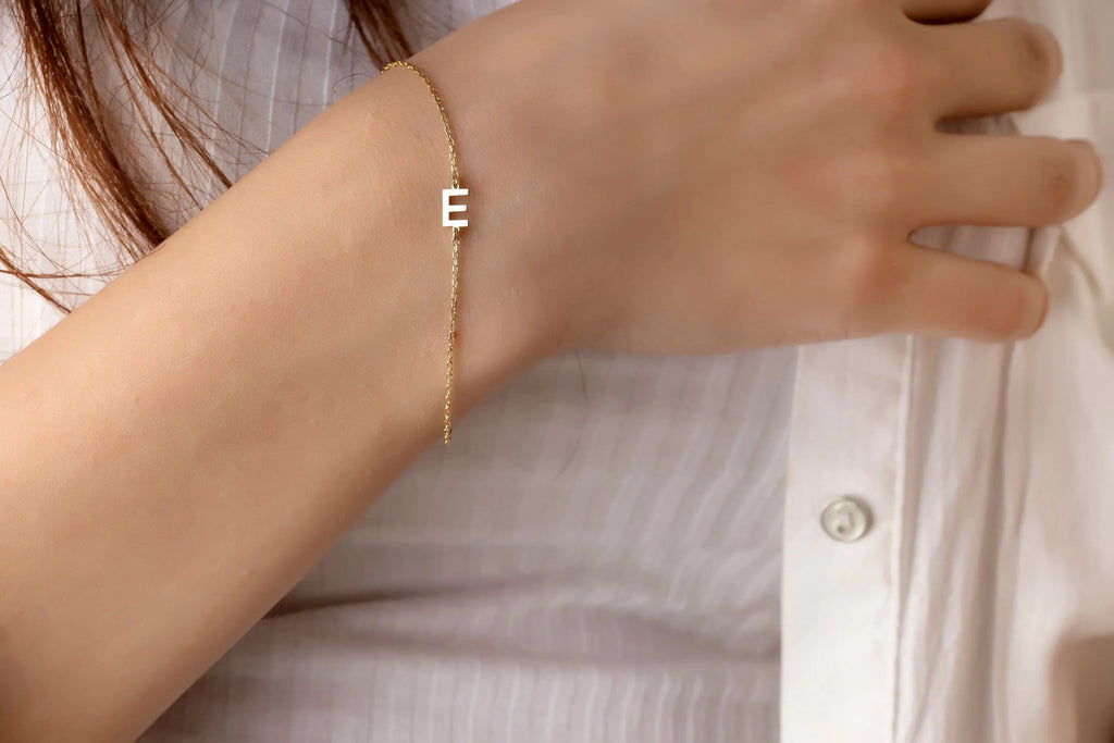 Delicate 14K Solid Gold Initial Bracelet with Heart Charm and an E charm