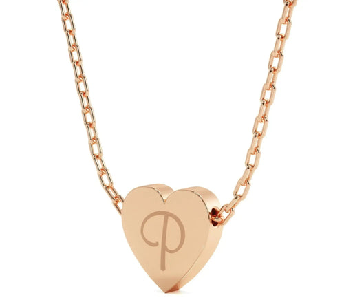 Rose gold heart pendant necklace with engraved P monogram in personalized heart necklace