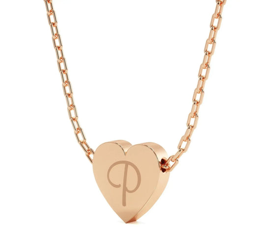 Rose gold heart pendant necklace with engraved P monogram in personalized heart necklace