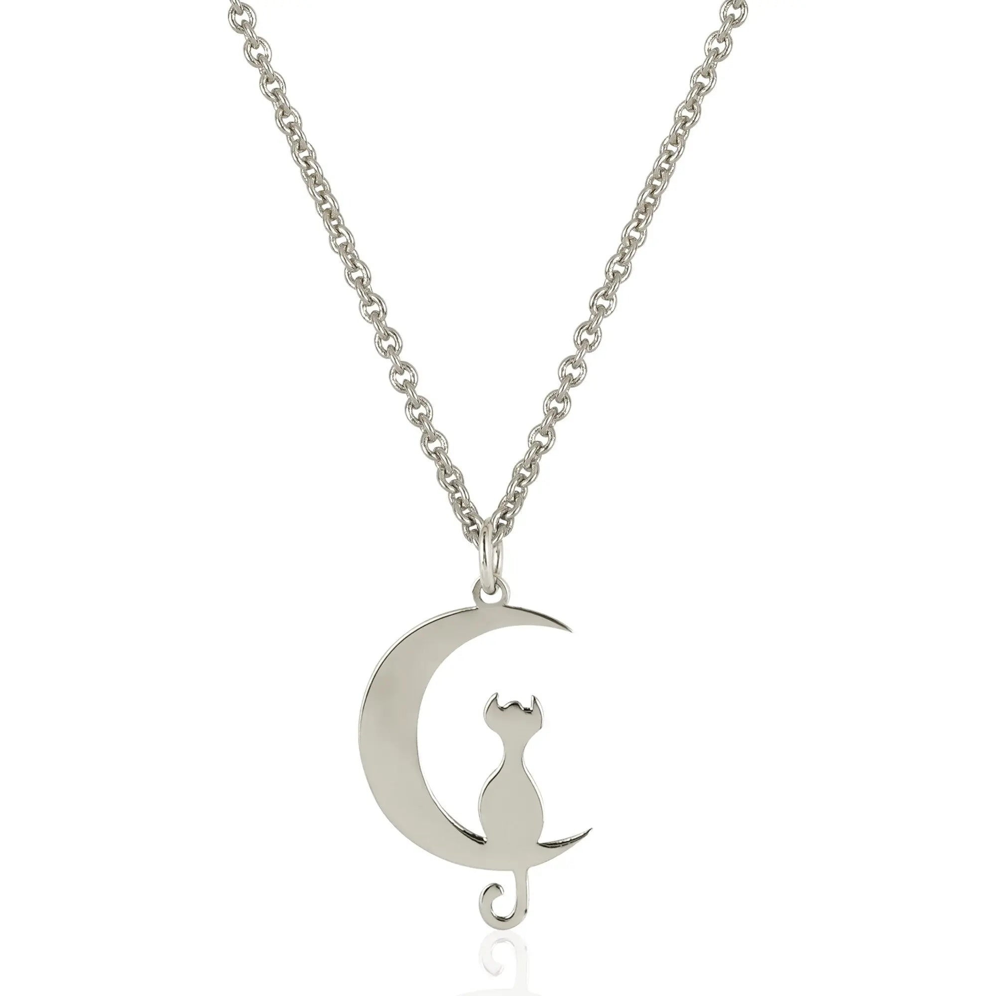 Silver cat pendant necklace on a crescent moon in 14K Solid Gold Moon Necklace