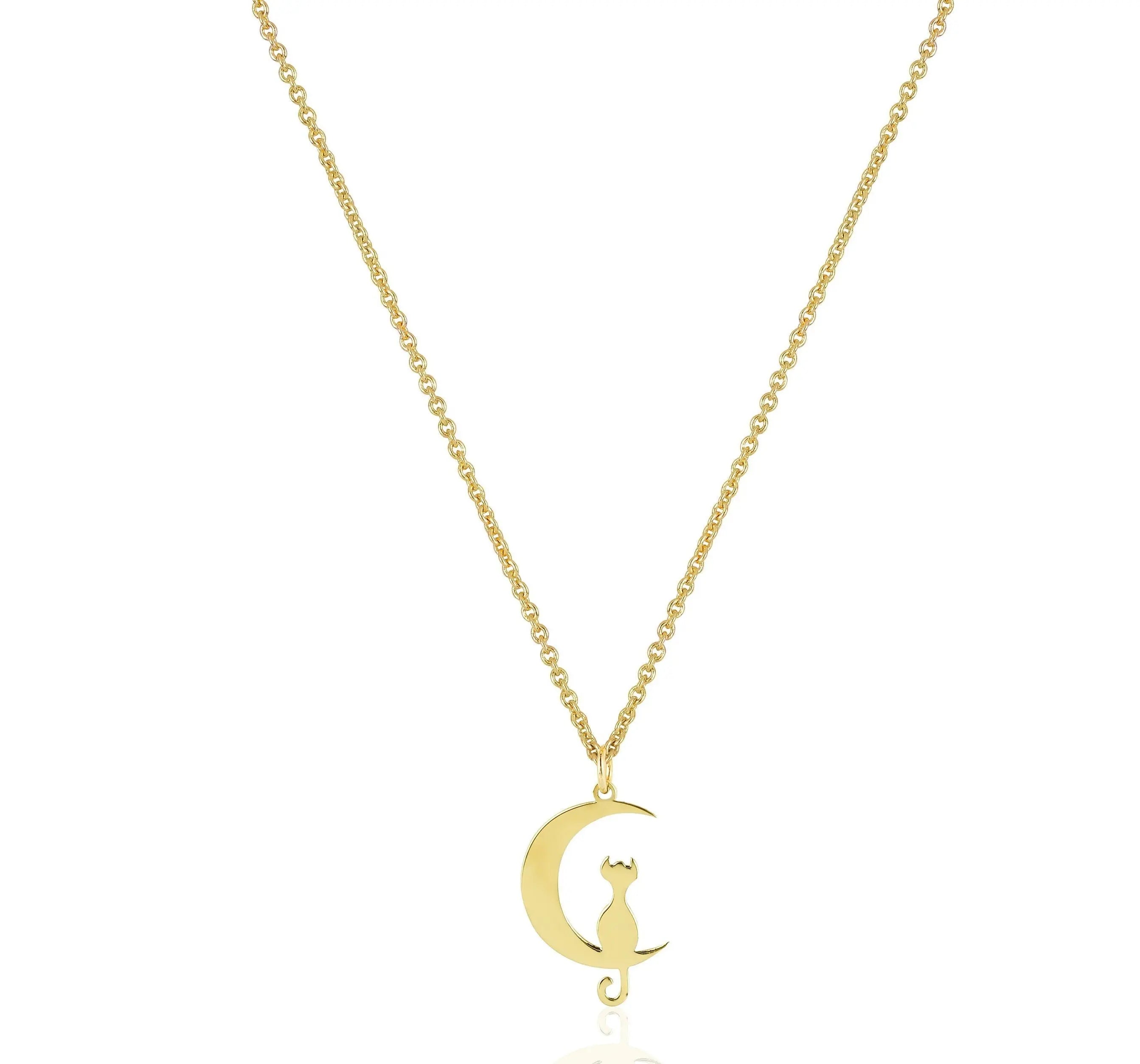 Gold-colored 14K Solid Gold Moon Necklace with Cat Pendant for Cat Lovers