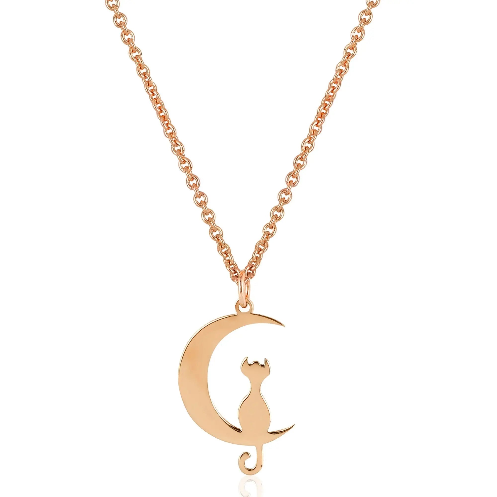 Rose gold 14K solid gold moon necklace with cat pendant for cat lovers