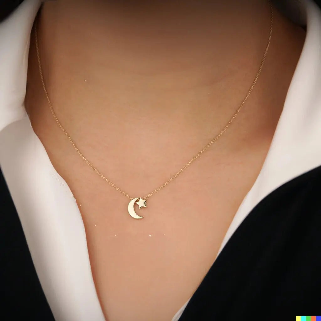 Delicate gold crescent and star necklace on thin chain, a stunning 14K moon star pendant
