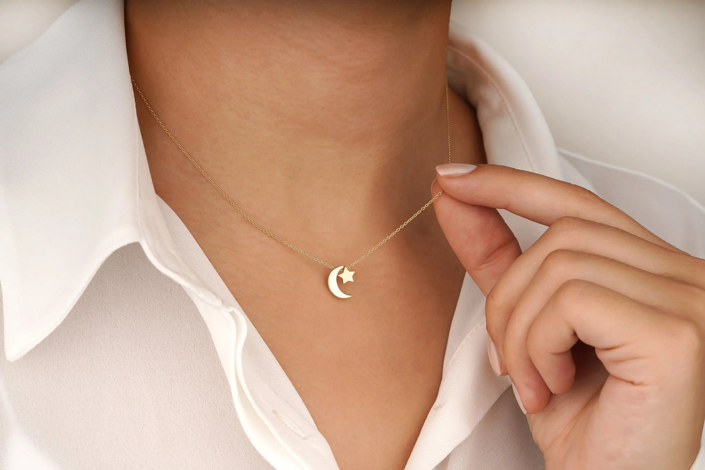Delicate 14K Moon Star Necklace with gold crescent and star pendant on a chain