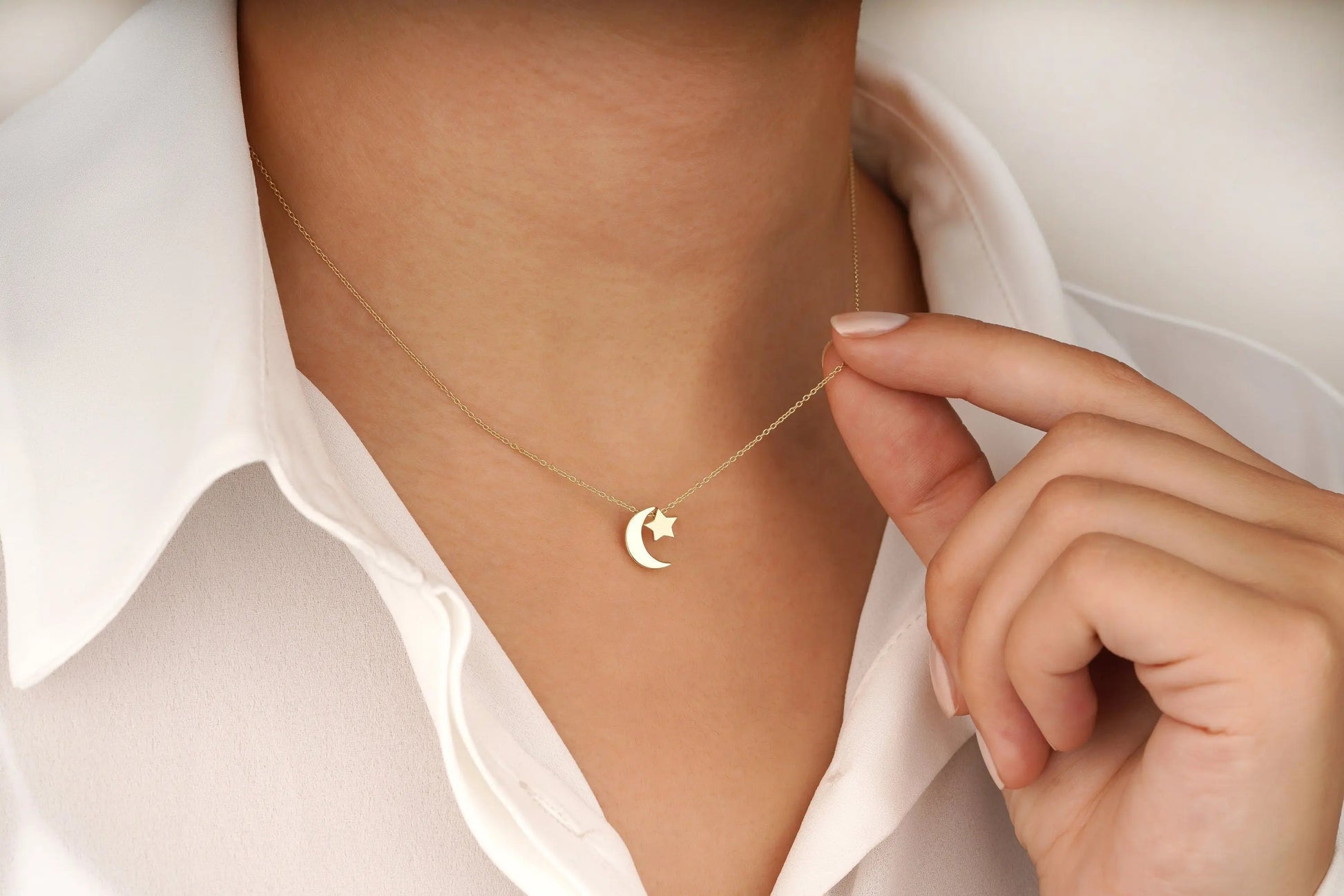 Delicate 14K Moon Star Necklace with gold crescent and star pendant on a chain