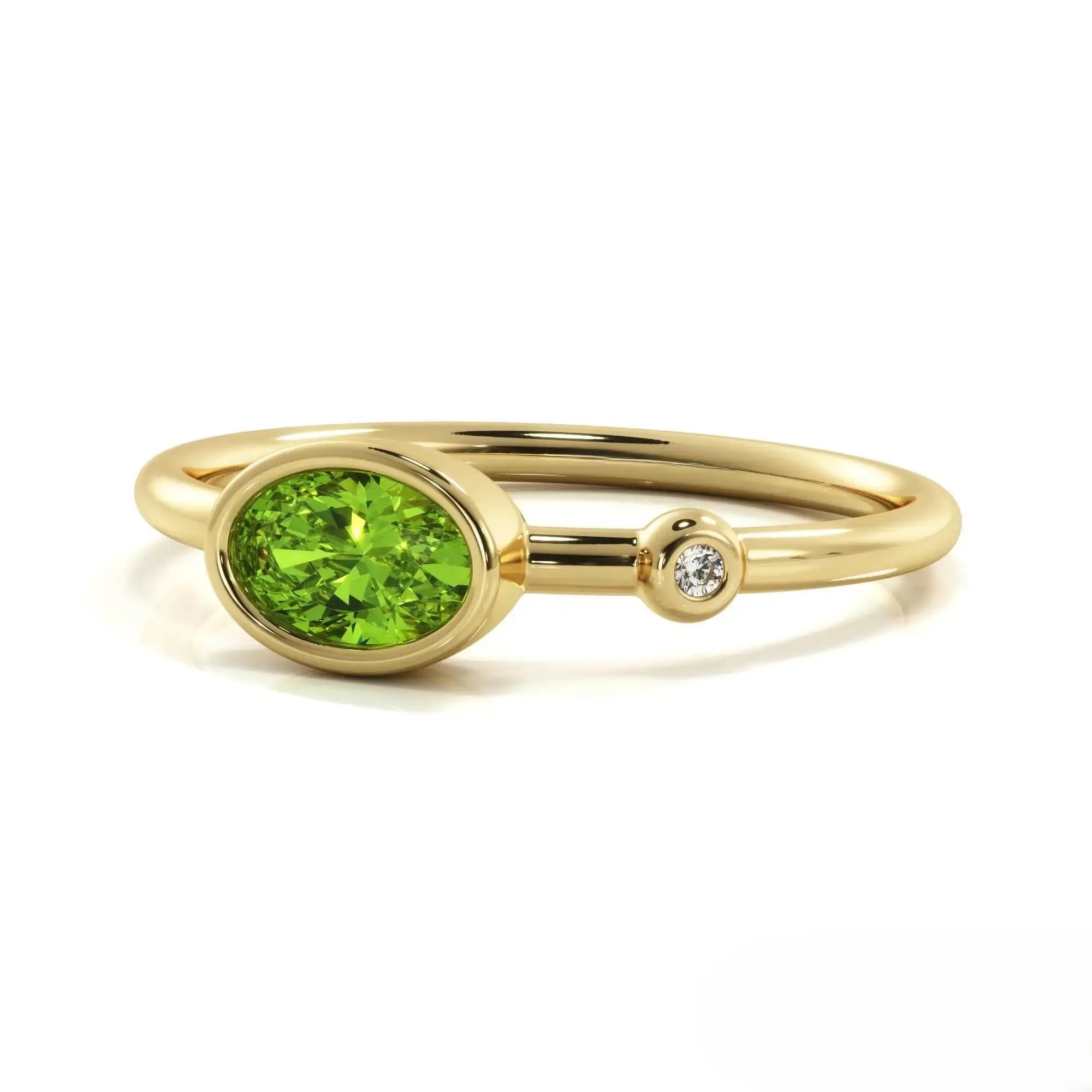 Gold ring with oval peridot stone and diamond accent, a Natural August Birthstone Peridot Ring